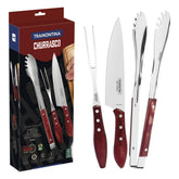 Jogo Para Churrasco Tramontina 3 Peças Aço Inox Cabo Madeira Polywood Vermelho Faca Garfo Pegador