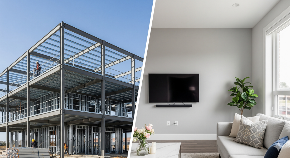 Estrutura de Steel Frame sendo montada, com perfis metálicos leves e resistentes, em uma obra limpa e organizada.