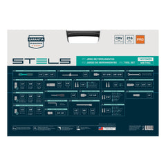 Jogo de Ferramentas 216 Pcs Stels 14115455 Encaixe 1/4'' 3/8'' e 1/2'' Aço CrV S2 com Maleta