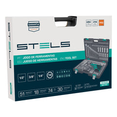 Jogo de Ferramentas 216 Pcs Stels 14115455 Encaixe 1/4'' 3/8'' e 1/2'' Aço CrV S2 com Maleta