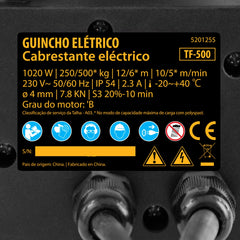 Guincho Elétrico 500kg 1020W 12m 10m/min com Polia Freio Denzel TF-500