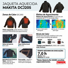 Jaqueta Térmica Aquecida Makita DCJ205ZXL 18V LXT Tam GG Impermeável Ideal para Frio Sem Bateria