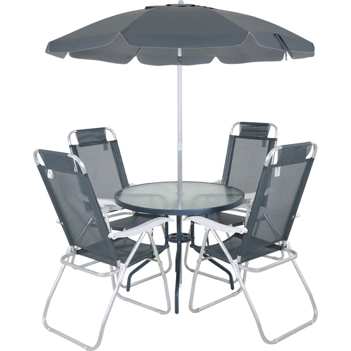 Conjunto Noronha Cinza com Mesa 4 Cadeiras e Guarda Sol Bel