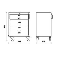 Carrinho de Ferramentas 5 Gavetas Protegidas por Tapete Interno Fehadura e Alças C45PRO C5 Beta