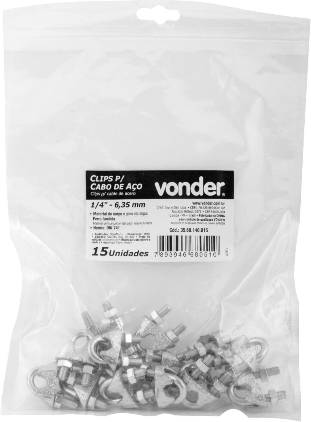 Clips p/ Cabo de Aço 1/4''6,35 mm Cartela c/ 15 peças Vonder