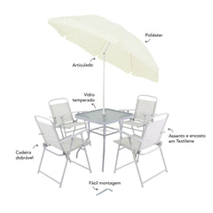 Conjunto Miami Branco 4 Cadeiras 1 Mesa 1 Ombr. Bel Lazer