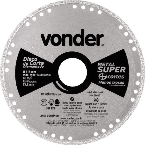 Disco Corte 115mm Diamantado Contínuo Metal Super Vonder
