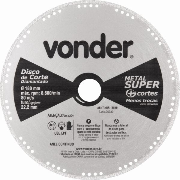 Disco Corte 180mm Diamantado Contínuo Metal Super Vonder