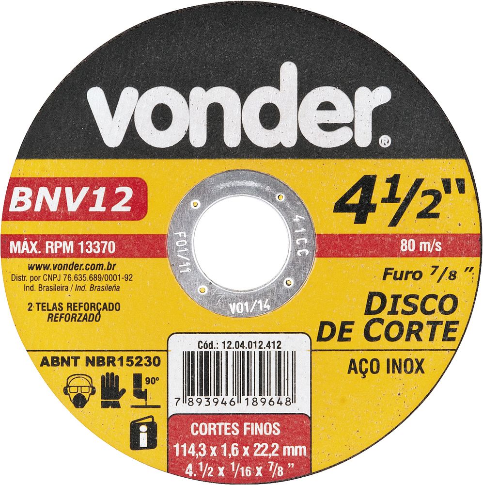 Disco Corte 114,3x1,6x22,22 2 Telas Aço Carbono E In Vonder