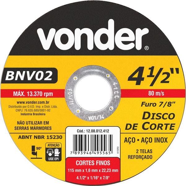 Disco Corte 115,0x1,6x22,23 2 Telas Aço Carbono E In Vonder