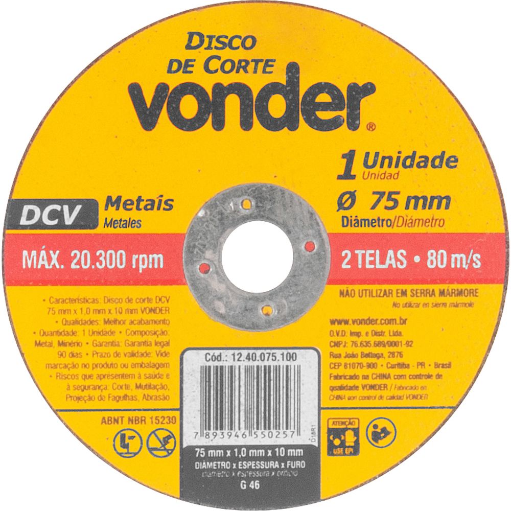 Disco de Corte 75mmX1,0mmX10mm - Vonder
