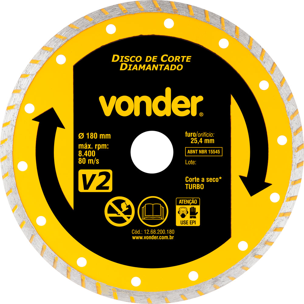 Disco diamantado 180mm turbo furo 25mm v2 Vonder