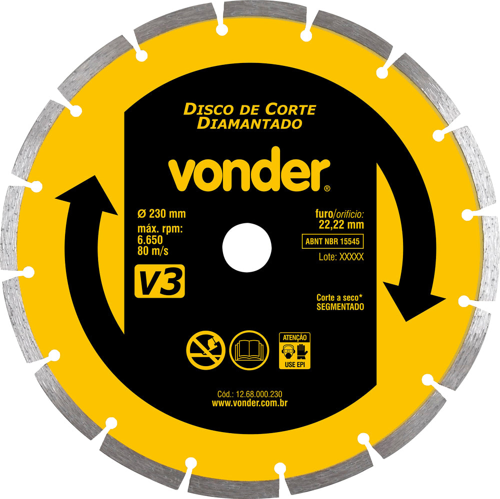 Disco diamantado 230mm segmentado furo 22mm v3 Vonder