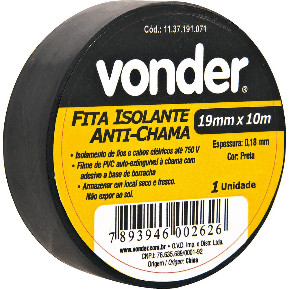 Fita isolante pvc 19mmx10m preta anti chama peça Vonder