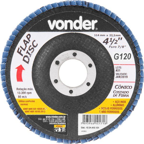 Flap Disc 4.1/2 G120 Costado Fibra Cônico Aço Carbono Vonder