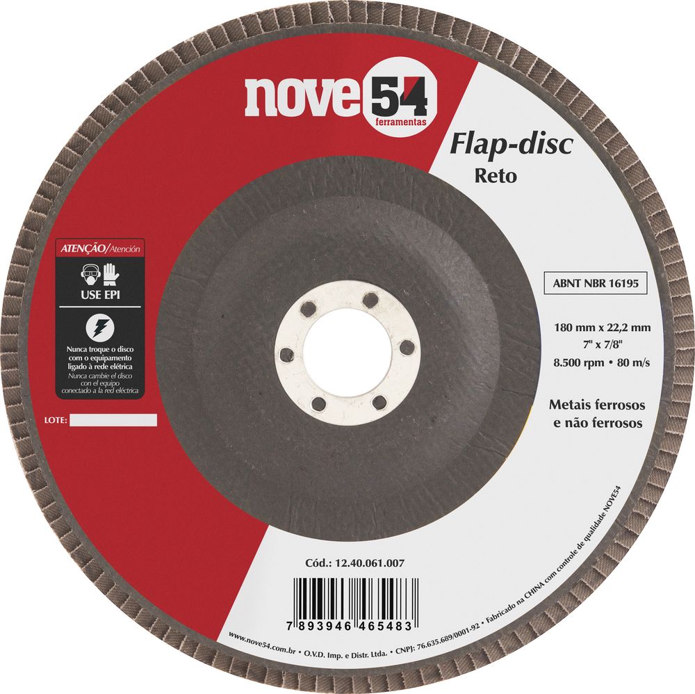 Flap disc 7" g120 costado fibra reto p/ aço carbono Nove54