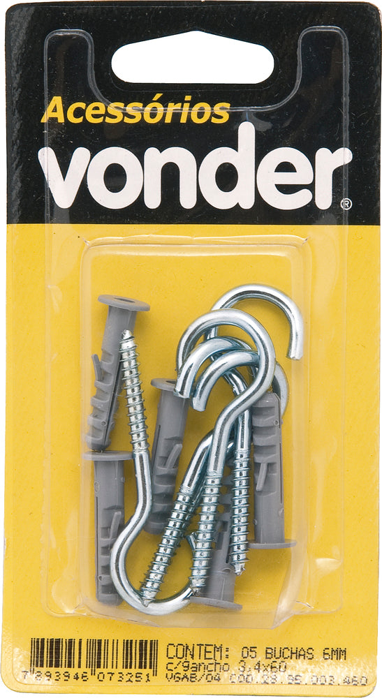Gancho 3,0x40mm zincado com bucha 5mm com 5 peças - Vonder
