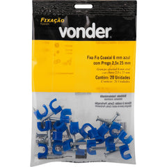 Grampo Fixa-Fio Coaxial 6 c/ Prego 2,5x25 Azul 20 pçs Vonder