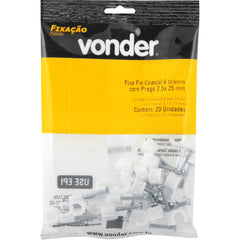 Grampo Fixa-Fio Coaxial 6 Prego 2,5x25 Branco 20 pçs Vonder
