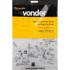 Grampo Fixa-Fio Coaxial 8 Prego 2,5x25 Branco 20 pçs Vonder