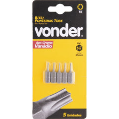 Jogo Bits Ponteiras Encaixe 1/4'' T6 x 25mm 5 peças Vonder