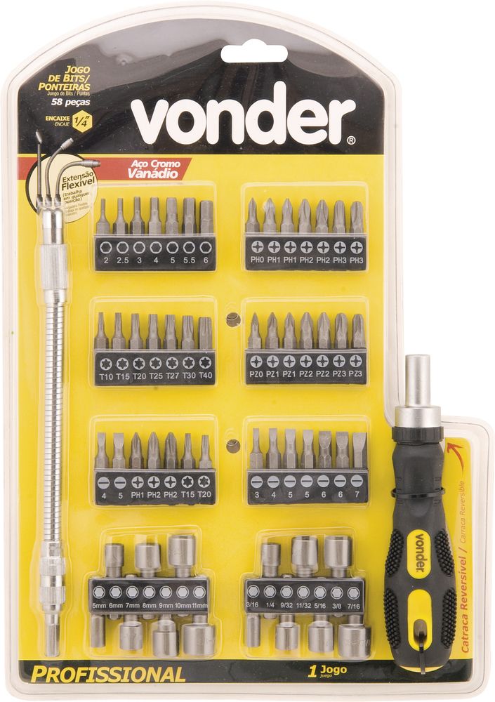 Jogo bits ponteiras 1/4" com 58 peças cromo vanádio Vonder - Guimepa