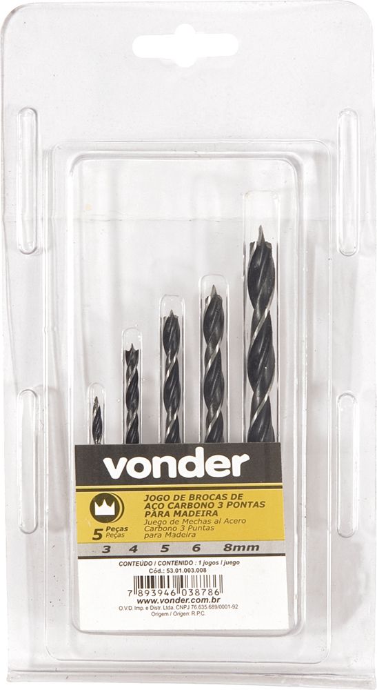 Jogo Broca 3 Pontas Aço Carbono 3 À 8mm Madeira 5 P Vonder