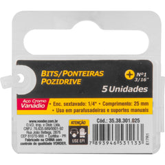 Jogo de Bits Ponteira Pozidrive c/ enc 1/4" Nº 1X38mm Vonder