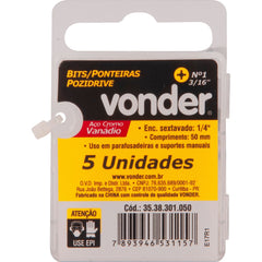 Jogo de Bits Ponteira Pozidrive c/ enc 1/4" Nº 1X50mm Vonder