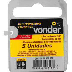 Jogo de Bits Ponteira Pozidrive c/ enc 1/4" Nº 2X38mm Vonder