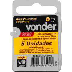 Jogo de Bits Ponteira Pozidrive c/ enc 1/4" Nº 2X50mm Vonder