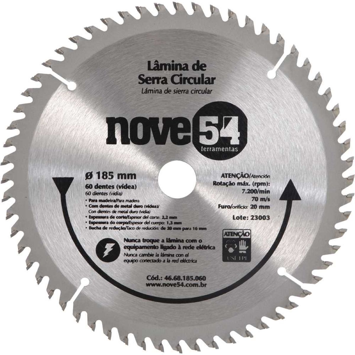 Lâmina Serra Circular Vídea 185mm 60 Dentes Furo 20mm Nove54