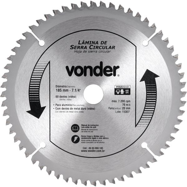 Lâmina Serra Circular Vídea 185x20x2,8mm 60D 7200 Rpm Vonder
