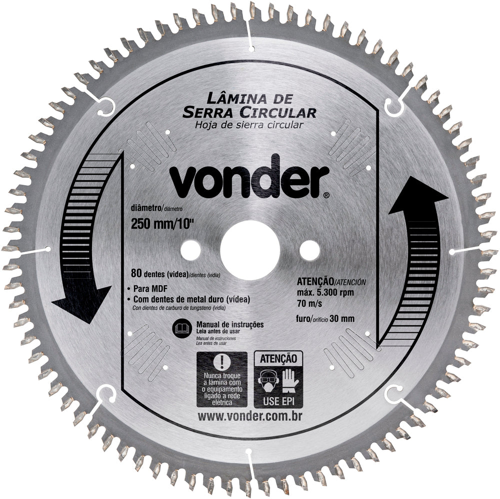 Lamina Serra Circular Vídea 250x30x3,0mm 80 Dentes 5300 Rpm