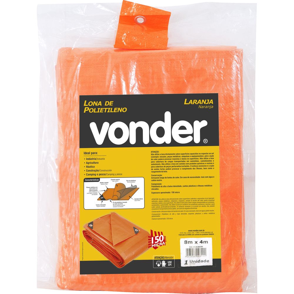 Lona polietileno 8x4m laranja 150 micras média Vonder
