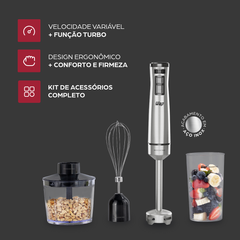 Mixer 3 em 1 Elétrico com Processador WAP Inox WM1 Turbo com Batedor de Claras 4 Laminas Miniprocessador 220V