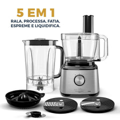 Multiprocessador BMP2000 1300W Britânia Inox 5 em 1 Rala Processa Fatia Espreme e Liquidifica 127V