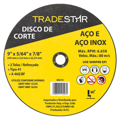 Disco de Corte 230x2,0 mm Furo 7/8" Aço e Inox Tradestar