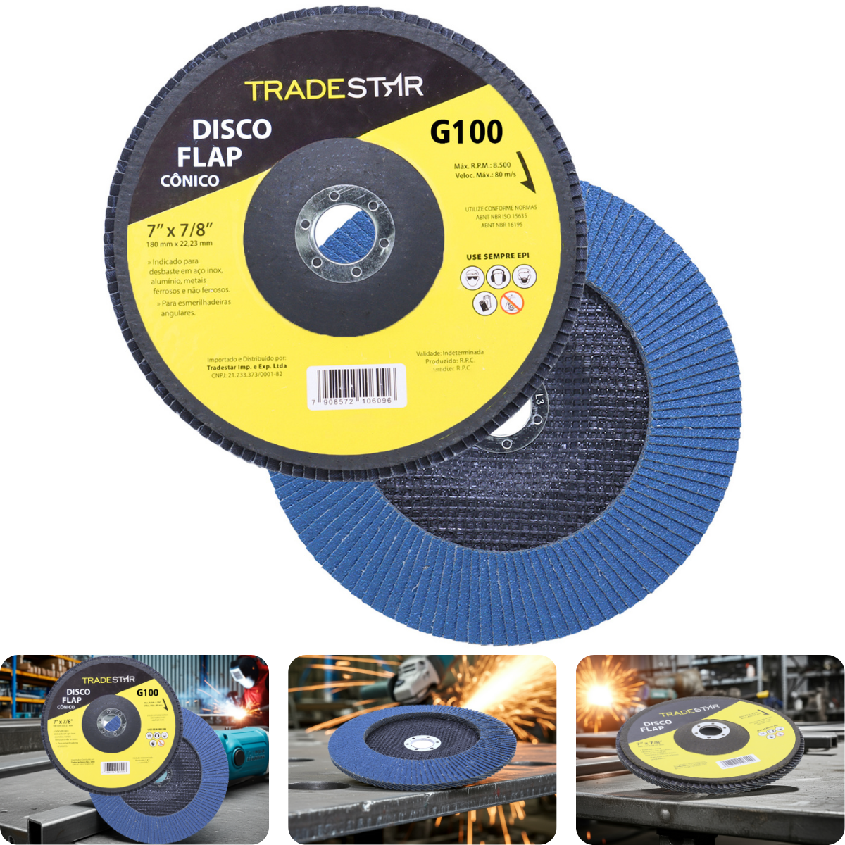 Disco Flap 180 mm G100 Fibra Cônico Azul Aço e Inox Tradestar