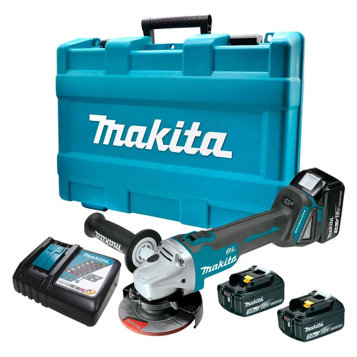 Esmerilhadeira Angular DGA504RFE Makita 5'' 125mm 18V com 2 Baterias Carregador Disco e Maleta