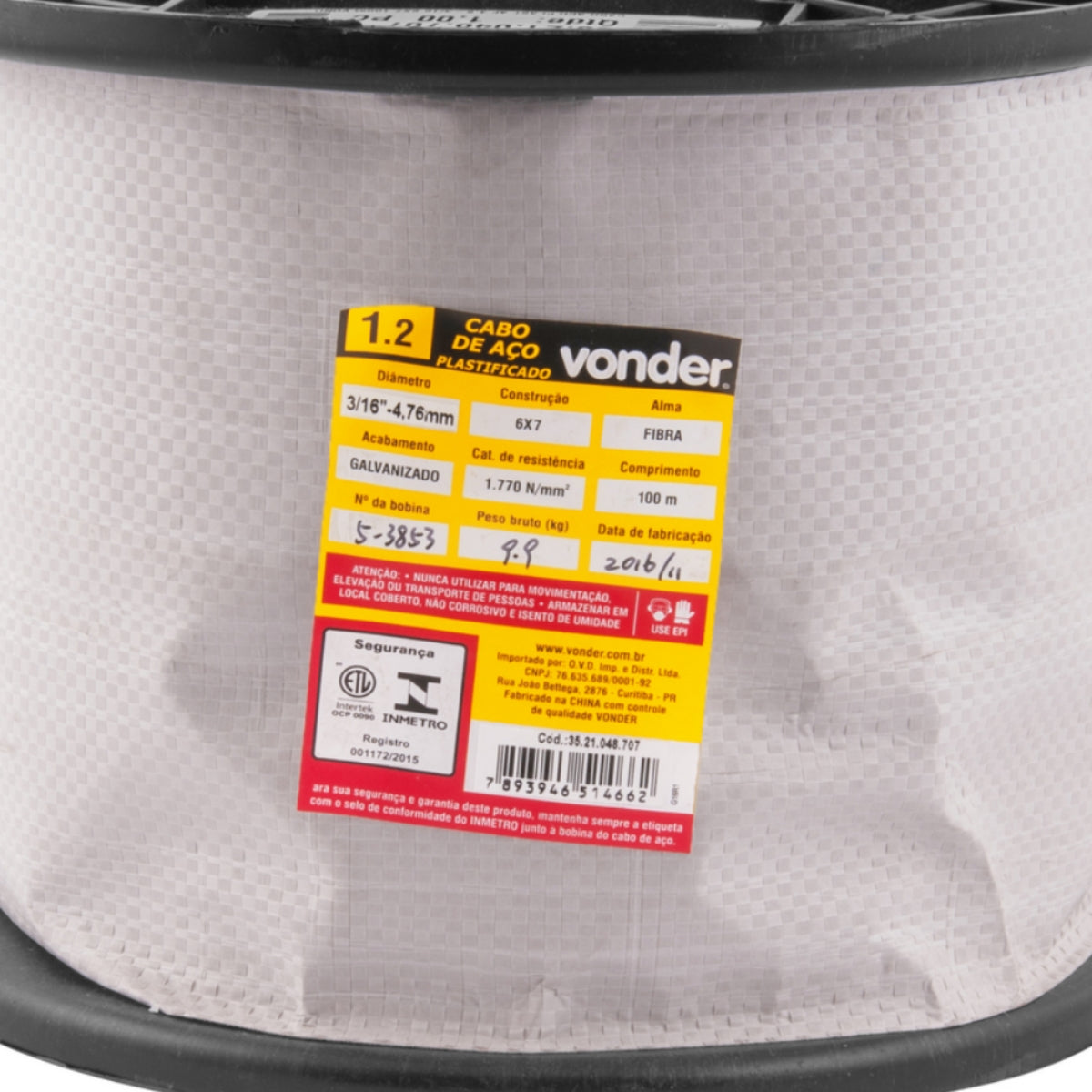 Cabo de Aço Plastificado AF 4,76mm 3/16" 6X7 c/ 100m Vonder