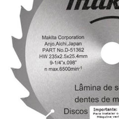 Disco Serra 20 Dentes 235 x 25,4 mm 10 unidades D-51362-10 Makita