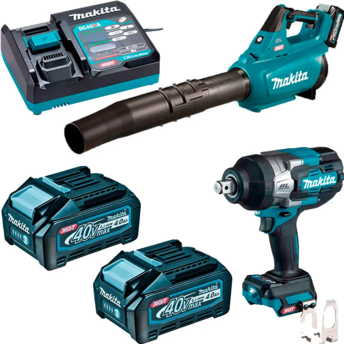 Kit Soprador UB001, Chave de Impacto TW001, 2 Baterias BL4040 e Carregador Bivolt DC40RA Makita