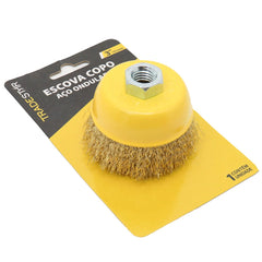 Escova Copo 3'' Aço Latonado Ondulado Rosca M14 Tradestar
