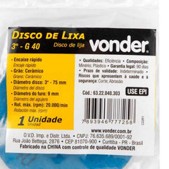 Disco de Lixa 3'' Cerâmico G40 Encaixe Rápido Vonder