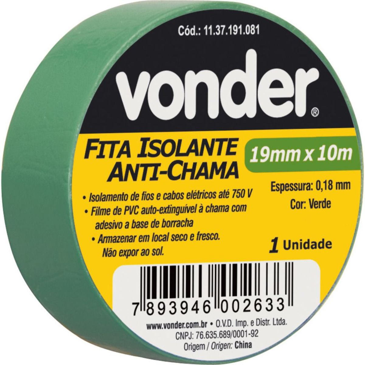 Fita isolante pvc 19mmx10m verde anti chama peça Vonder