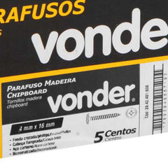 Parafuso Madeira 4,0 x 16 mm Chipboard Cabeça Flangeada Phillips 500 Peças Vonder