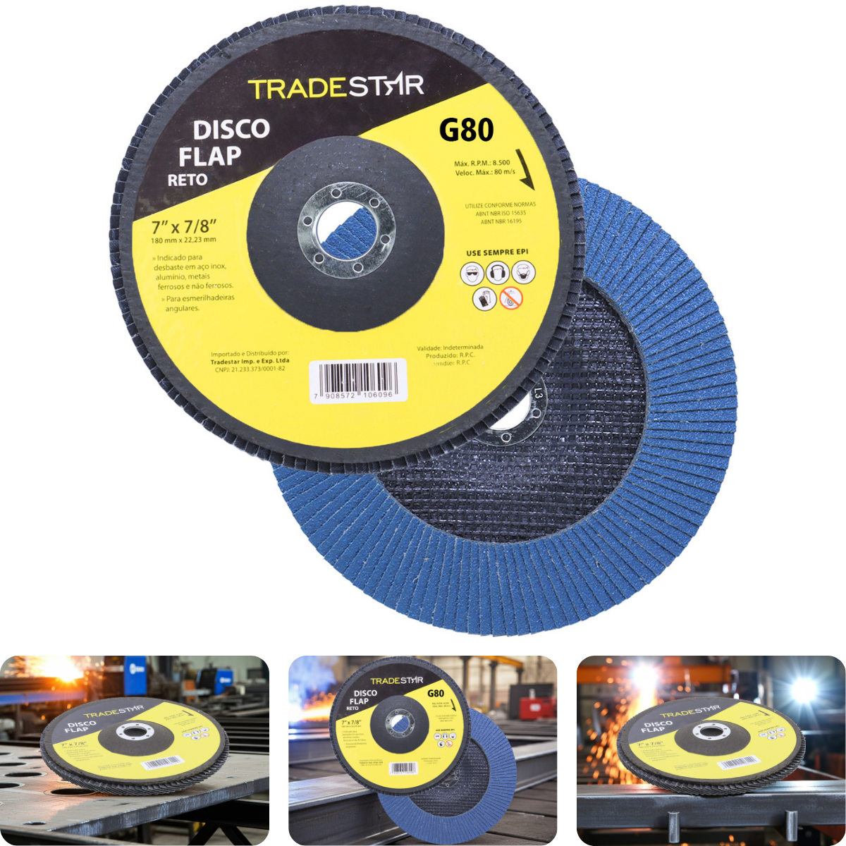 Disco Flap 180 mm G80 Fibra Reto Azul Aço e Inox Tradestar