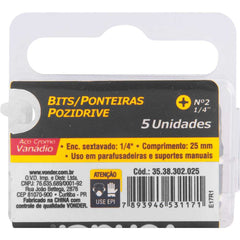 Jogo de Bits Ponteira Pozidrive c/ enc 1/4" Nº 2X25mm Vonder