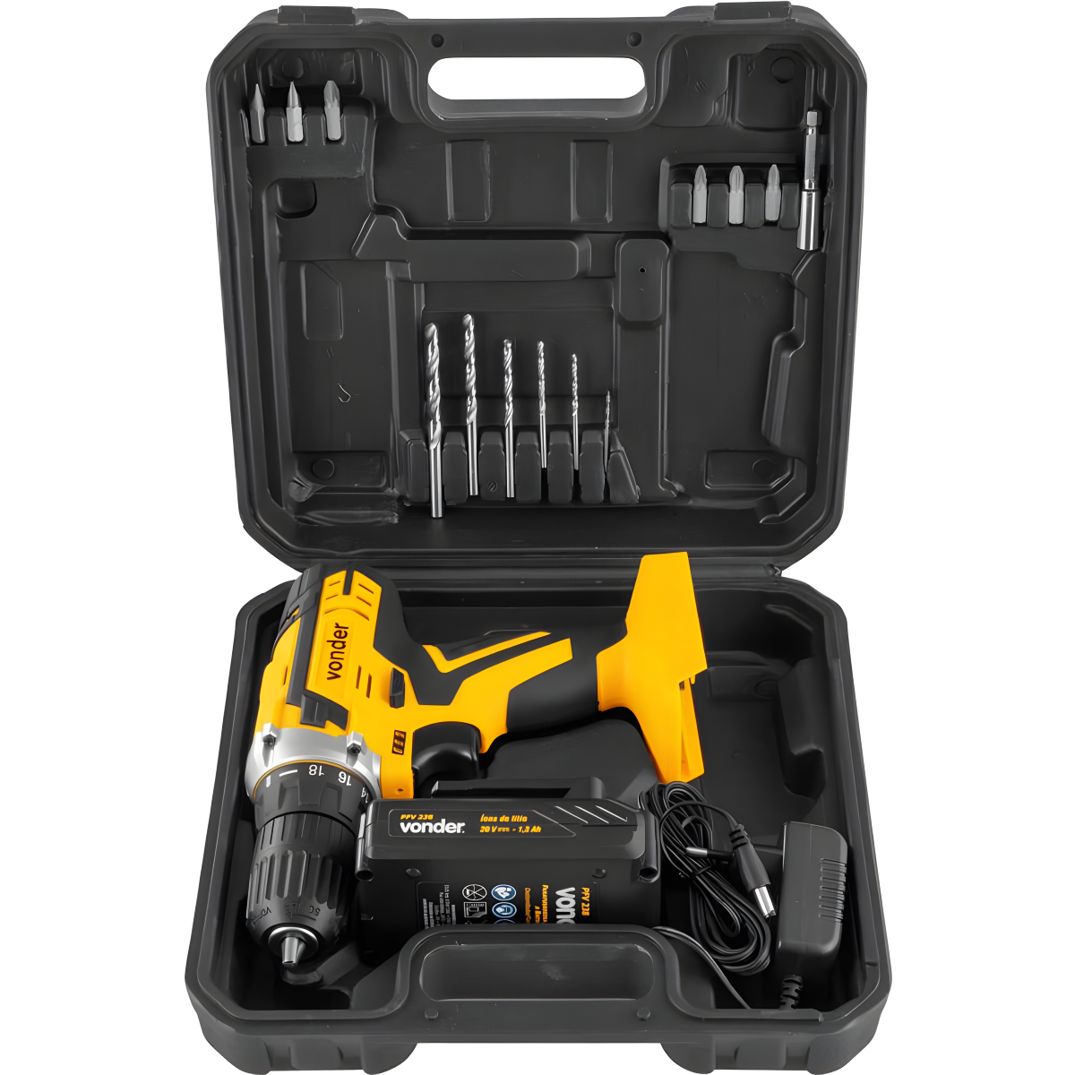 Parafusadeira e Furadeira à Bateria 20V Vonder PFV 238 Bivolt Automática para Carregamento Rápido - Guimepa